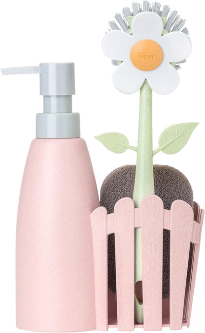 Vigar Florganic Kitchen Soap Dispenser Set, Dish Soap Dispenser with Sponge Caddy and Dish Brush, Daisy-Themed, Perfect Kitchen Sink Caddy, Pink