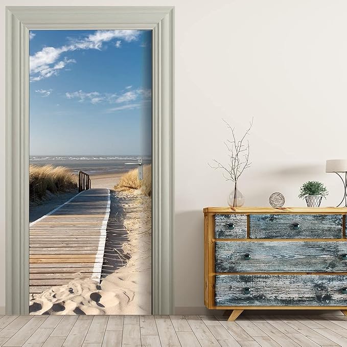 3D Door Stickers Murals Peel and Stick - Jetty to The sea Wallpaper Self-Adhesive Decals Removable PVC Waterproof Poster for Bedroom Living Room Decoration 35.4"x78.7"