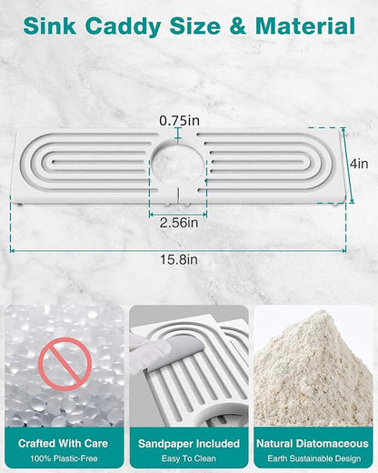 Stone Faucet Mat for Kitchen Sink, Diatomite Sink Protectors - Prevent Moisture Drying Stone Tray Fit Kitchen Counter & Bathroom Counter (White, 15.8" x 4")