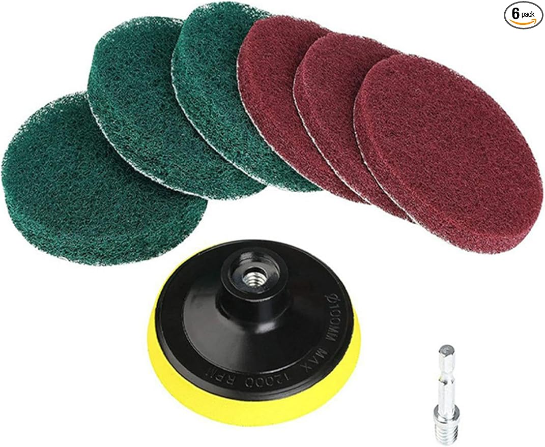 4 Inch Drill Powered Brush Tile Scrubber Scouring Pads,6 Scrubbing Pads with 4 Inch Pad Holder,1Quick Change Hex Shaft for Kitchen Bathroom Grout Tub Grill Cleans Large Flat Areas