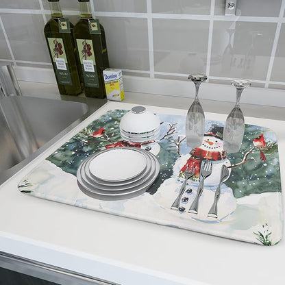 Winter Dish Drying Mat 18 x 24 Inch Xmas Snowman Pattern Dish Drying Pad Absorbent Microfiber Mats for Christmas Dish Rack Pad for Kitchen Counter Coffee Bar Decor