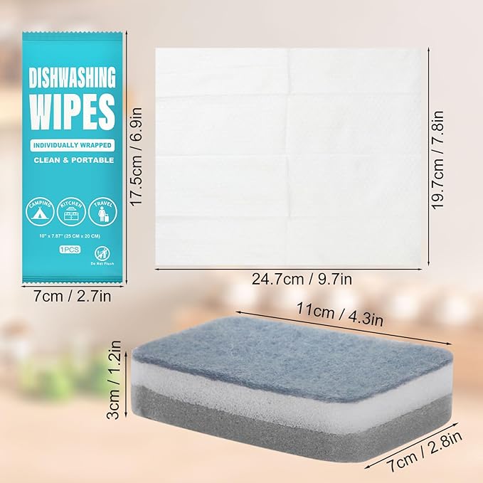 Individually Wrappe Dishwashing Sponges Bulk, Kitchen Cleaning Scouring Pads Dish Sponges Washing Disposable Dishes Soap Wipes Scrubbers Short Term Rental Supplies for Travel Camping 60 Pack (Grey)