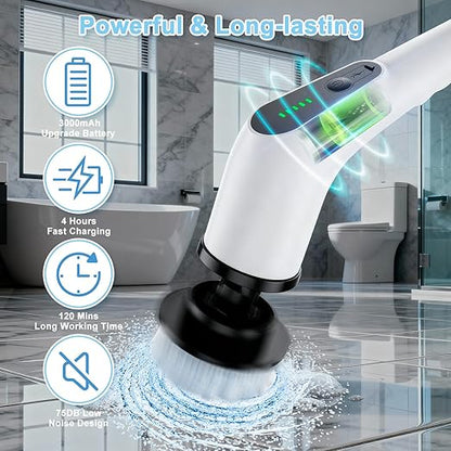 Electric Spin Scrubber, Cordless Cleaning Brush with 8 Replaceable Brush Heads, Shower Scrubber with Adjustable Extension Handle, Waterproof Power Scrubber for Bathroom Tile Floor Tub Car Walls