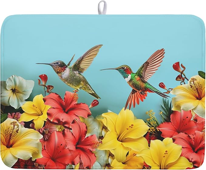 Kawani Spring Hummingbirds Floral Dish Drying Mat for Kitchen Counter 18x24 In Spring Hibiscus Tropical Drying Mat Fast Dry Absorbent Microfiber Dish Drainer Rack Pad Flower Mat for Countertop Decor