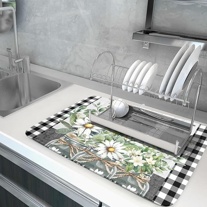 Spring Daisy Floral Dish Drying Mat for Kitchen Counter Watercolor Flowers Absorbent Dishes Drainer Rack Mat 18x24 Inch Microfiber Dish Drying Pads Spring Kitchen Drying Dishes Pad for Countertops
