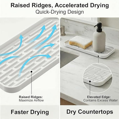 Silicone Organizer Tray, Soap and Sponge Holder for Kitchen Sink, Bathroom - Storage Tray for Dish Brush, Soap Dispenser, Dishwashing Accessories-(White 1 Pack, 12"x4.7")