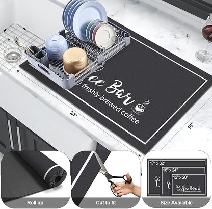 Findosom Dish Drying Mat, 16"x 24" Super Absorbent & Hide Stain Coffee Mat, Cuttable Drying Mat for Kitchen Counter, Coffee Bar Accessories, Under Dish Rack, Coffee Maker, Espresso Machine, Black