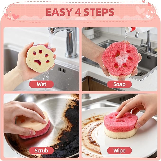 Cleangor 4pcs Scrub Sponges, Dual-Sided Temperature-Controlled Dish Sponges, Scratch-Free, Easy to Clean, Kitchen Cleaning Sponges for Tough Stains, Delicate Surfaces, Glassware, Cookware, Appliances