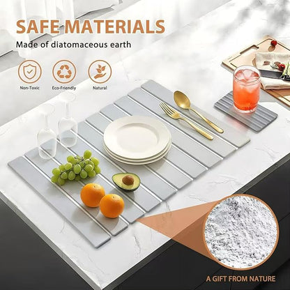 2 PCS Large Stone Dish Drying Mat for Kitchen Counter with Water Absorbing Sink Tray,24x16 Inch Foldable Diatomaceous Earth Dish Mat & 8x4 Inch Stone Coasters Tray,Super Absorbent Quick Dry