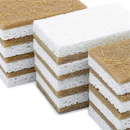 12 Pack Natural Cellulose Biodegradable Sponges, Non Scratch Kitchen Cleaning Sponge, Eco Friendly Coconut Fiber and Wood Cellulose Scrubber Sponge, Household Cleaning Sponges for Kitchen Dishwashing