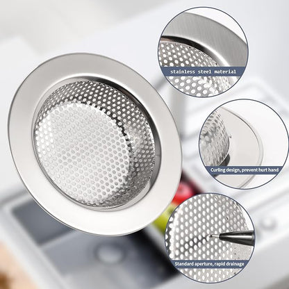 RQYEKDO Kitchen Sink Strainers Sink Stopper Kits, Stainless Steel Sink Drain Strainer Set,Large Wide Rim 4.4" Diameter Food Catcher Garbage Disposal Plug for Most Sink Drains Basket Filter