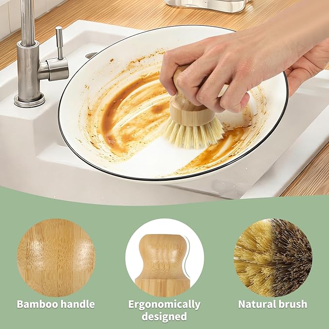 6 Pack Bamboo Dish Brush Set with Palm and Sisal Bristles, Natural Dish Scrubber for Fruit & Vegetables Cleaning, Kitchen Scrub Brush for Cast Iron Pots, Pans, Dishes