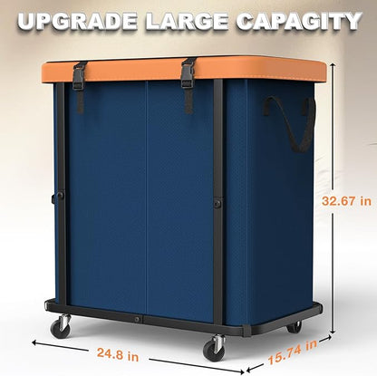 190L (50 Gal) Large Fashion Laundry Basket with Wheels, Leather Patchwork Rolling Hamper Carts, Sturdy Metal Frame, Removable Washable Bag, Tall Clothes Sorter for Bedroom, Laundry Room - Navy Blue