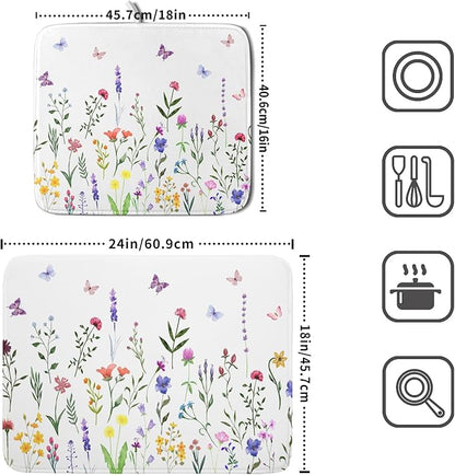 Watercolor Floral Dish Drying Mat for Kitchen Counter 16x18 Inch Spring Summer Wild Flower Butterfly Absorbent Reversible Microfiber Dish Drainer Rack Mats Countertops Protector Mat