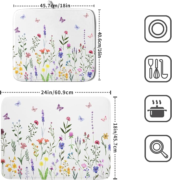 Watercolor Floral Dish Drying Mat for Kitchen Counter 18x24 Inch Spring Summer Wild Flower Butterfly Absorbent Reversible Microfiber Dish Drainer Rack Mats Countertops Protector Mat