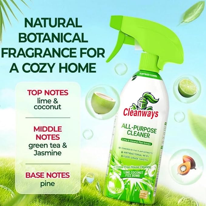 500ml Cleanways All Purpose Cleaner,Multi Surfaces Cleaner Spray Lime Coconut,Suitable for Refrigerators, Microwave Ovens, and Rice Cookers, Easy Home Cleaning with No Rinsing Required (1PCS)