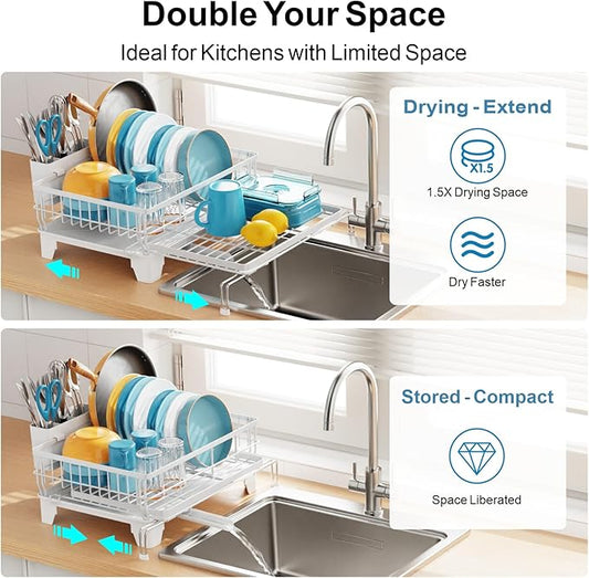 GSlife Expandable Dish Drying Rack for Kitchen Counter, Large Capacity 2-in-1 Rust Resistant Dish Drainer with Swivel Spout and Pull Out Over Sink Extension, 16.7" W x 12.6"-22.4" L, White