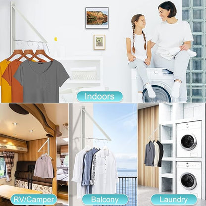 Retractable Clothes Drying Rack，Space Saver Wall Mounted Folding Hanger for Laundry Room, Closet Storage Organization, Easy Installation Aluminum Dryer White