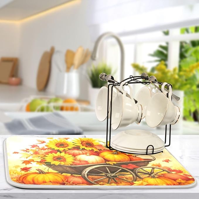 Pumpkin Sunflower Autumn Thanksgiving Dish Drying Mat for Kitchen Counter Absorbent Microfiber Drying Pad, Medium 16x18 in