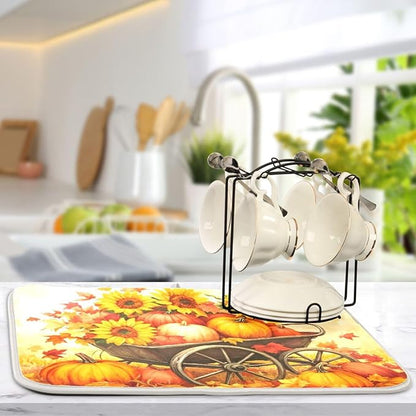 Pumpkin Sunflower Autumn Thanksgiving Dish Drying Mat for Kitchen Counter Absorbent Microfiber Drying Pad, Medium 16x18 in
