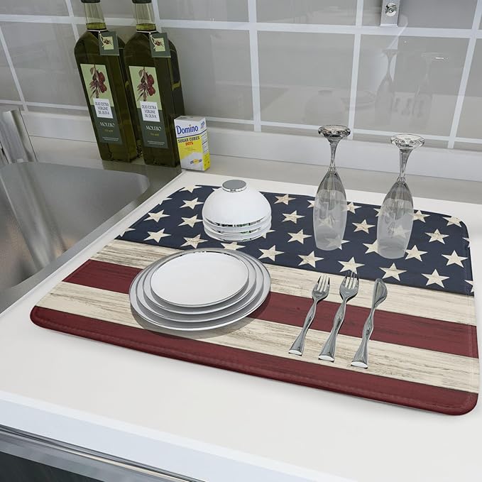 4th of July Patriotic Independence Dish Drying Mat For Kitchen CounterRustic Stripes America Flag Stars Microfiber Absorbent Drying Mats Reversible Kitchen Countertop Drainer Pad 18x24 Inch