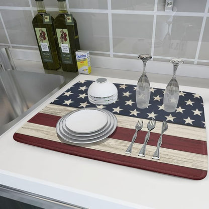 4th of July Patriotic Independence Dish Drying Mat For Kitchen CounterRustic Stripes America Flag Stars Microfiber Absorbent Drying Mats Reversible Kitchen Countertop Drainer Pad 18x24 Inch
