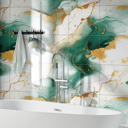 Chejiaye 22pcs Marble Peel and Stick Backsplash Waterproof Washroom Wall Panels, Peel and Stick Tile, PVC Foam Wall Panels for Kitchen,Bathroom,Living Room,Green and Gold(Not Real Tile,11.8" x 11.8")
