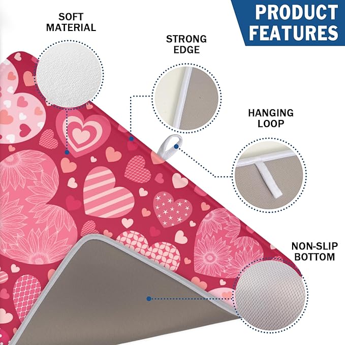 Valentine's Day Dish Drying Mat 18 x 24 Inch Heart Shaped Pattern Dish Drying Pad Absorbent Microfiber Mats for Red Dish Rack Pad for Kitchen Counter Coffee Bar Decor