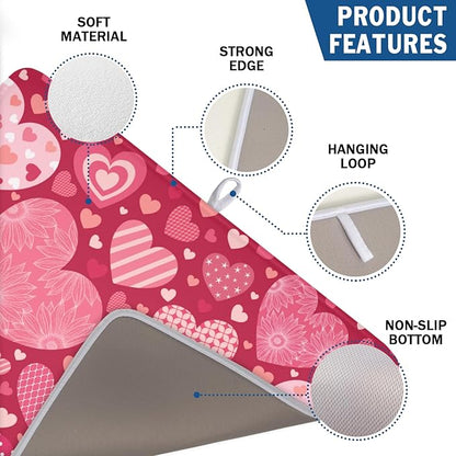 Valentine's Day Dish Drying Mat 18 x 24 Inch Heart Shaped Pattern Dish Drying Pad Absorbent Microfiber Mats for Red Dish Rack Pad for Kitchen Counter Coffee Bar Decor