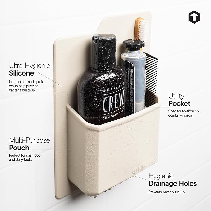 TOOLETRIES The James Organizer - Silicone Toiletry Holder, Shower & Bathroom Accessory - Features Silicone-Grip Technology, Removable & Reusable - Sand