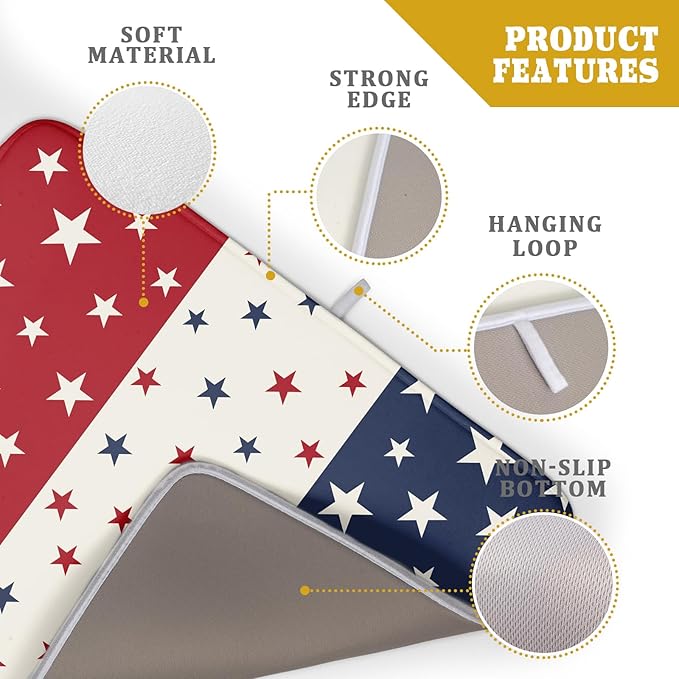 Blue Red White Star July of 4th Patriotic Dish Drying Mat for Kitchen Counter 18x24 Independence Day Absorbent Reversible Microfiber Drying Mats Kitchen Countertop Protector Dishes Drainer Rack Pad
