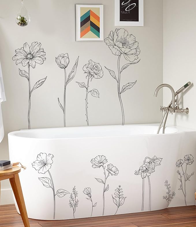3 Sheets Wall Stickers DIY Boho Flower Wall Decal Removable Waterproof Wall Art Decor for Bedroom Living Room Offices Home Decoration (Black Flower)