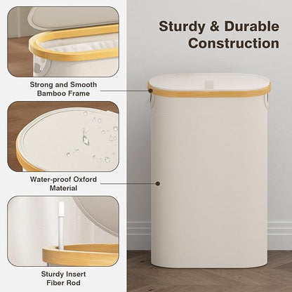 Slim Laundry Hamper with Lid, 60L Small Laundry Basket with Handles&Removable Bag, Thin Dirty Clothes Hampers for Laundry, Narrow Laundry Hampers for Bedroom Aesthetic, Beige