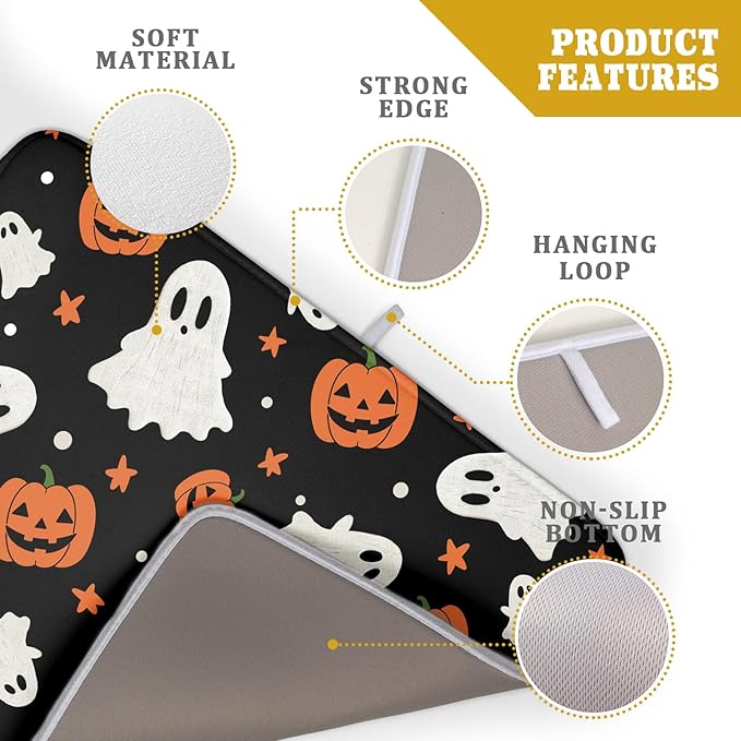 Halloween Dish Drying Mat 18 x 24 Inch With Absorbent Reversible Microfiber Pumpkin Ghost Black White Orange Drying Mats Thanksgiving Dish Drainer Mat Fast Dry For Kitchen Dining Room Decoration