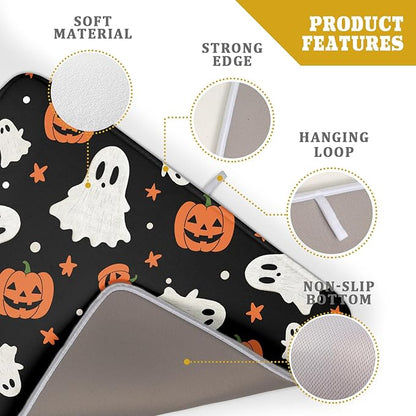 Halloween Dish Drying Mat 18 x 24 Inch With Absorbent Reversible Microfiber Pumpkin Ghost Black White Orange Drying Mats Thanksgiving Dish Drainer Mat Fast Dry For Kitchen Dining Room Decoration