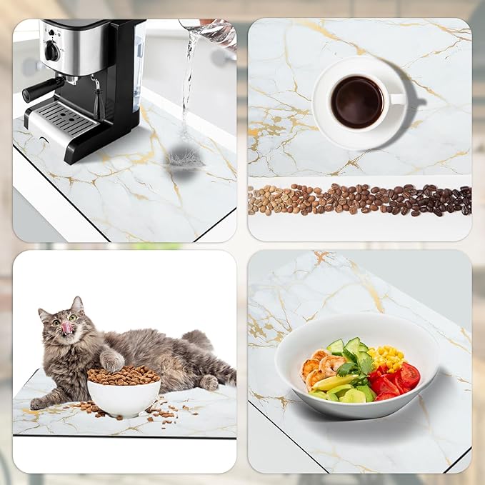 Sofort Dish Drying Mat for Kitchen Counter, Gold White Marble Dish Drying Pad with Non-slip Rubber Backed, Super Absorbent Drying Mats for Dish Rack, Coffee Maker 16 x 24 Inches