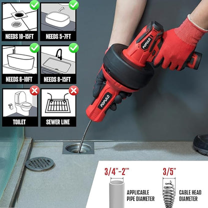 POPULO 12V Cordless Electric Drain Auger, Auto Feed Plumbing Snake Drain for Unclog Sink Drain 3/4"-2" Pipe, 16.8 FT Snake Hair Drain Clog Remover Cleaner Tools for Shower, Kitchen, Bathtub, Sink