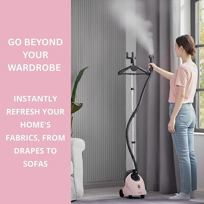 SALAV GS18-DJ Standing Garment Steamer with Roll Wheels for Easy Movement, 1.8L Water Tank for 1 Hour Continuous Steaming, Adjustable Pole for Storage, Includes Descaler Packet, 1500 watts - Pink