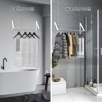 Laundry Room Drying Rack Wall Mounted Clothes Hanger Folding Wall Coat Racks Aluminum Home Storage Organiser Space Savers White 2 Rakcs with Rod