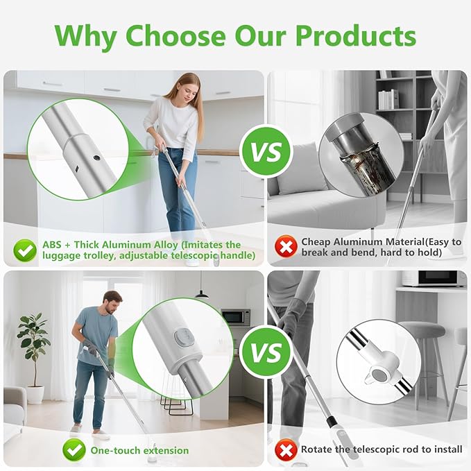 Electric Spin Scrubber, Cordless Cleaning Brush, 3H Work Time, Bathroom Scrubber with LED Display, 3-Speed Extendable Handle, IPX7 Waterproof, 8 Brush Heads for Shower, Tile, Tub, Floor, Toilet, Grout