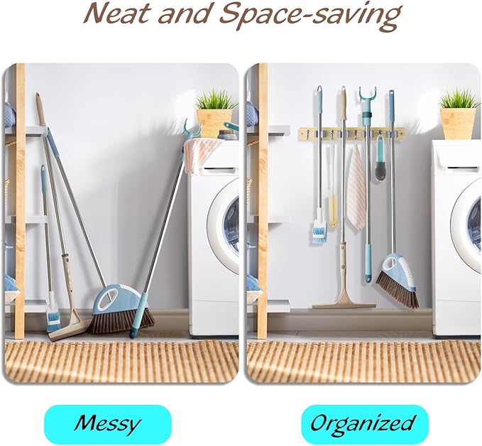 OUTNILI Mop and Broom Holder Wall Mount - Light Wood Broom Mop Hanger - Wall Mounted Garden Tool Rack Organizer for Closet Garage Laundry Room Kitchen With 4 Slots & 4 Hooks