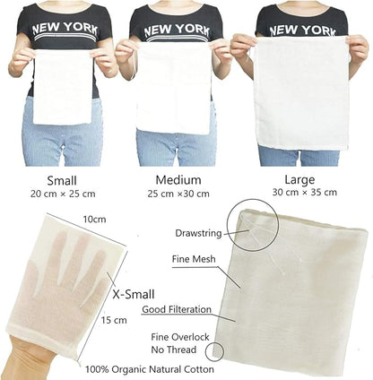 AUXIN Nut Milk Bags, 100% Cotton Cheesecloth Bags, Yogurt/Coffee/Tea Strainer, Reusable Almond/Oat Milk, Juice, Cold Brew Coffee, Food Grade, Reusable Washable Strainer (Mixed Size, 5 Pack)