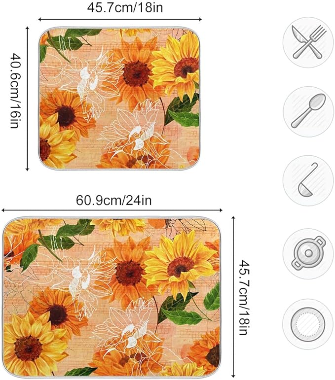 Super Absorbent Dish Drying Mat, Microfiber Fast-Drying Dish Mat, 24" x 18", Kitchen Dish Drying Pad, Watercolor Sunflowers