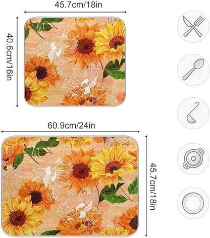 Super Absorbent Dish Drying Mat, Microfiber Fast-Drying Dish Mat, 16" x 18", Kitchen Dish Drying Pad, Watercolor Sunflowers