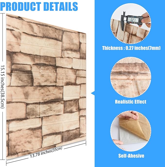 20 Pack 3D Wall Panels Peel and Stick, Waterproof Foam Stone 3D Wallpaper, Self Adhesive Foam Wallpaper for Bedroom Bathroom Kitchen (13.7 * 15.1in)