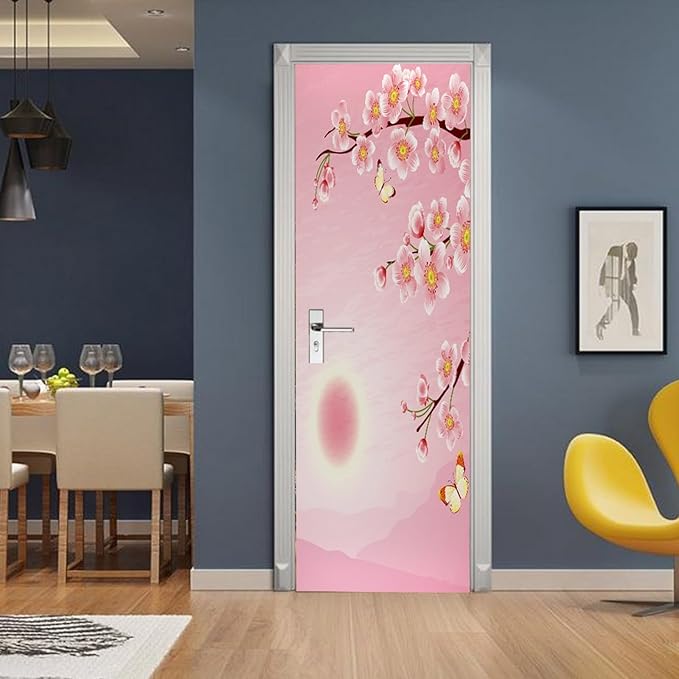 A.Monamour 3D Door Stickers for Interior Doors Cherry Blossom and Butterfly on Pink Background Vinyl Waterproof Self Adhesive Door Mural Decals for Bedroom Office Bathroom 95x215cm