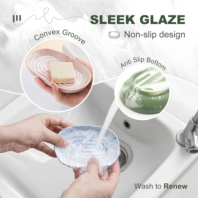 Elegant Ceramic Soap Dish for Shower with Unique Marble Texture, Decorative Bar Soap Holder for Bathroom & Kitchen, Easy Clean Versatile Oval Soap Dishes for Soap Bar
