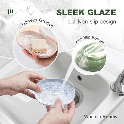 Elegant Ceramic Soap Dish for Shower with Unique Marble Texture, Decorative Bar Soap Holder for Bathroom & Kitchen, Easy Clean Versatile Cute Oval Soap Dishes for Soap Bars, Jewelry, Sponge