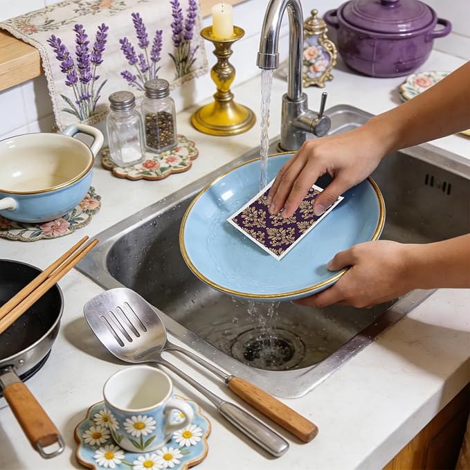Reusable Swedish Dishcloths for Kitchen, 6 Pcs Mardi Vintage Floral Swedish Dish Cloths, Purple Flower Sponge Cleaning Towels Wipes for Kitchen Cooking Gras Home Decoration Housewarming Gifts