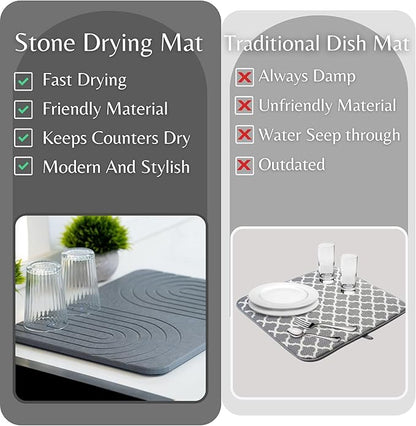 LIFSEZY- Stone Dish Drying Mat For Kitchen Counter, Super Absorbant Fast Drying Diatomaceous Earth Dish Drying mat, non slip, heat resistant, Gray, 15.3"" x 11.8''., sdm001